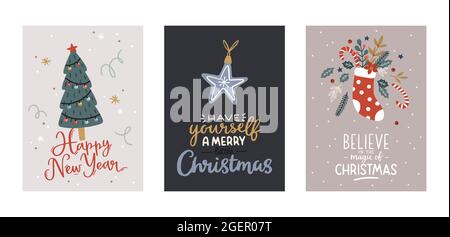 Christmas and Happy New Year greeting cards set with cute holiday elements. Christmas tree, sock, holly leaves and branches. Vector illustration. Stock Vector