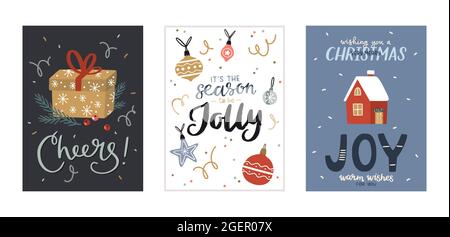 Christmas and Happy New Year greeting cards set with cute holiday elements. Christmas baubles, gift box, little house. Vector illustrations. Stock Vector