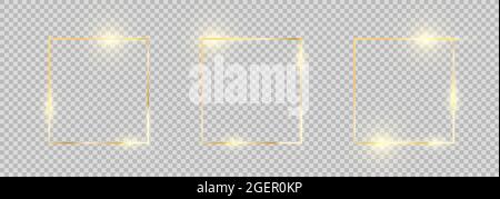 Golden frame. Square gold border set. Gold frames collection with glowing effects. Stock Vector
