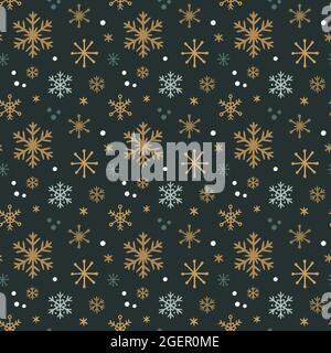 Christmas seamless pattern with golden stars and snowflakes on dark green background. Hand drawn vector illustration. Holiday endless texture. Stock Vector