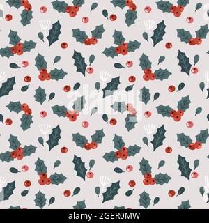 Christmas seamless pattern with holly. Cute festive background. Hand drawn vector illustration. Holiday endless texture for wrapping paper, textile. Stock Vector