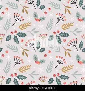 Elegant seamless pattern with holly, branches, berries and snowflakes. Cute festive background. Hand drawn vector illustration. Stock Vector