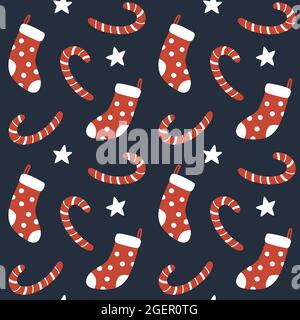 Seamless pattern with christmas socks, candy canes and stars. Cute festive background. Hand drawn vector illustration. Holiday endless texture. Stock Vector