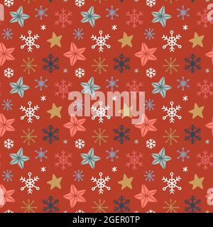 Christmas seamless pattern with multicolor stars and snowflakes on red background. Hand drawn vector illustration. Holiday endless texture. Stock Vector
