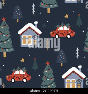 Christmas seamless pattern with christmas tree, car and houses on dark blue background. Hand drawn vector illustration. Holiday endless texture. Stock Vector