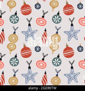 Seamless pattern with christmas ornaments, baubles, stars. Cute festive background. Hand drawn vector illustration. Holiday endless texture. Stock Vector