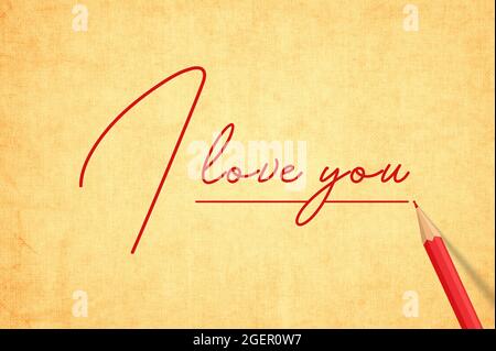 Red Pencil Written Thank You On Old Vintage yellow Paper. Red Pen underline The Signature Word in Grungy Texture background. Stock Photo