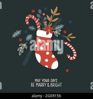 Christmas greeting card with christmas sock, winter plants and branches. Hand drawn vector illustration and lettering. Holiday poster, banner, cards d Stock Vector