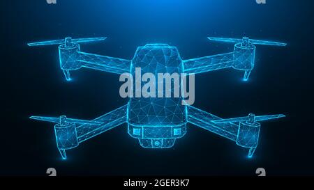 Quadcopter low poly design, drone polygonal vector illustration on a dark blue background. Unmanned aerial vehicle concept design. Stock Vector