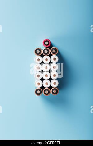 AA batteries are arranged in the form of a large battery on a blue background. Top view. The concept of energy supply and utilization Stock Photo