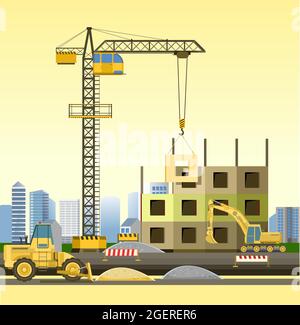 Construction of large city buildings. Residential houses and industrial objects. Yellow. Lifting crane. Modern technologies and equipment. Illustratio Stock Vector