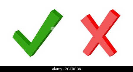 3d green check mark symbol and red cross, yes sign fact and myth verified fulfilled correct answer Stock Vector