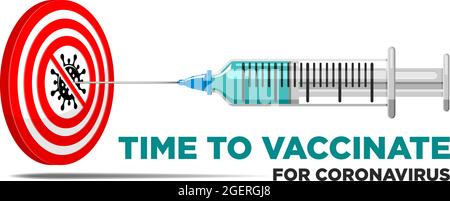 Coronavirus vaccination concept. Syringe with a covid-19 vaccine hits  target with prohibiting coronavirus sign. Vector template on transparent backgr Stock Vector