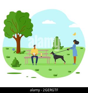 Vector illustration People relax in nature. Woman walking the dog, talking to man. Summer vacations outdoor. Design for print. Stock Vector