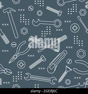 Vector seamless pattern Illustration Construction tools. Repair background. Pliers for gripping, manipulating, wrench, screwdriver, bolt, washer, nut, Stock Vector