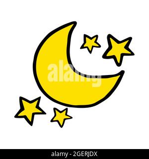 Moon and stars vector icon in doodle style. Cute hand drawn symbol of crescent isolated on white background Stock Vector