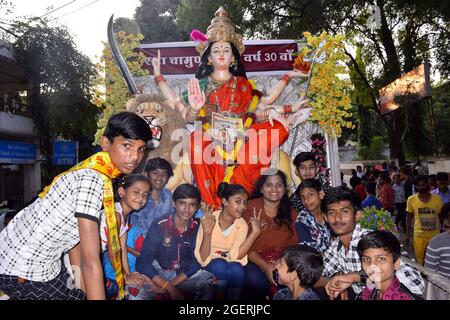 09-10-2019, Dewas, Madhya Pradesh, India. Background Durga Puja Festival and Tableau. Sculpture of Hindu Goddess Durga. Stock Photo