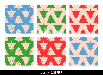 Christmas tree seamless pattern set New year decoration. Stock Vector