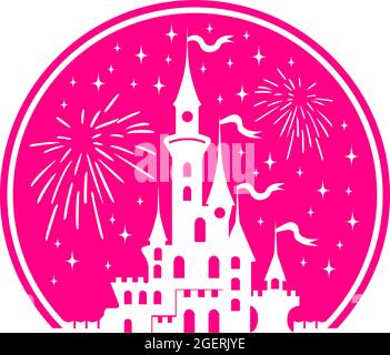 Silhouette of Princess Castle in circle. Fantasy pink palace on the background of fireworks and stars. Fairytale Royal Medieval Paradise Palace. Carto Stock Vector