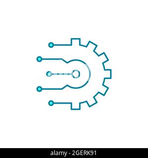 Artificial intelligence gear line icon. Machine learning process. Automation and industry 4.0 revolution. Digital transformation. Vector illustration. Stock Vector