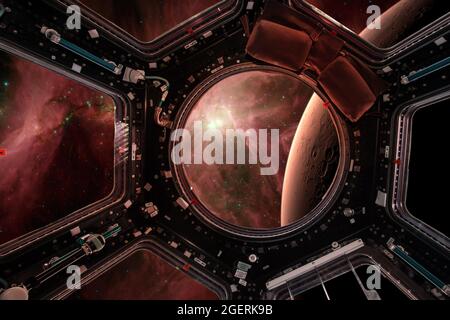 View from a porthole of space station on the Mars background. Elements of this image furnished by NASA. Stock Photo