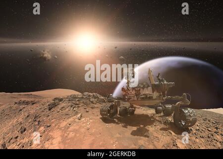 Curiosity Mars Rover exploring the surface of red planet. Elements of this image furnished by NASA. Stock Photo