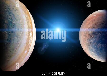 Alien planets in the outer space with blue sunrise. Elements of this image furnished by NASA. Stock Photo