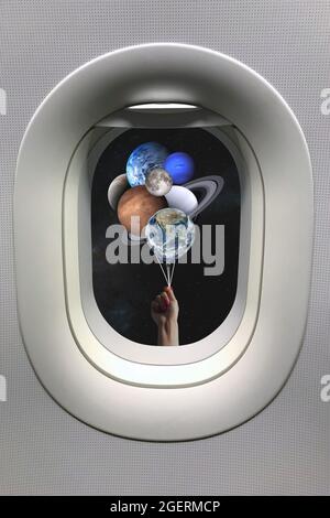 View from porthole window on hand with planets shaped balloons in solar system. Elements of this image furnished by NASA. Stock Photo