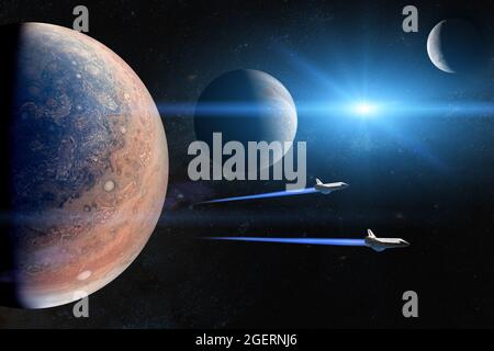Alien planets. Space shuttles taking off on a mission. Elements of this image furnished by NASA.