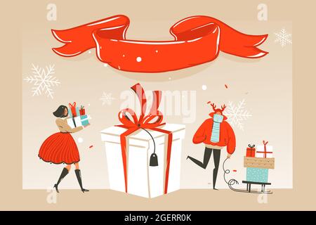 Hand drawn vector abstract fun Merry Christmas time cartoon illustration greeting card with happy xmas market people and red ribbon with copy space Stock Vector