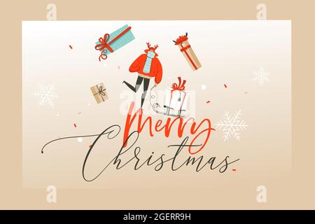 Hand drawn vector abstract fun Merry Christmas time cartoon illustrations greeting card,landing page and background with gift boxes and holidays Stock Vector