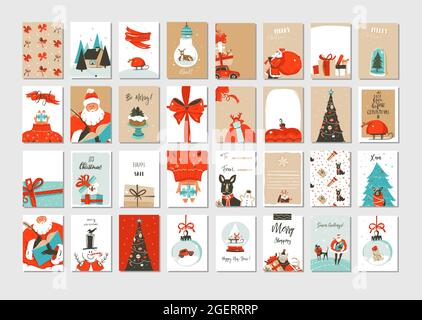 Hand drawn vector abstract fun Merry Christmas time cartoon illustrations greeting cards and backgrounds big collection set with gift boxes,people and Stock Vector