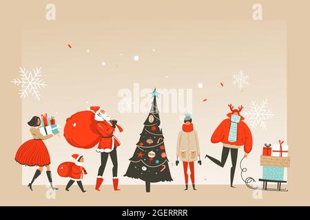 Hand drawn vector abstract fun Merry Christmas time cartoon illustrations greeting card or landing page with happy xmas market people and copy space Stock Vector