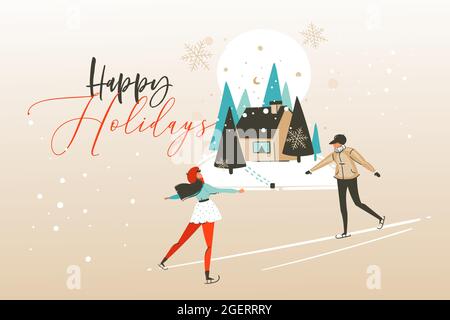 Hand drawn vector abstract fun Merry Christmas time cartoon illustration greeting card with happy xmas girl and boy ice skating in the forest with Stock Vector