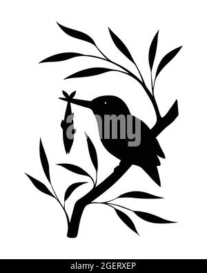 Beautiful bird caught fish silhouette. King fisher bird resting on a tree and eating fish vector. Stock Vector