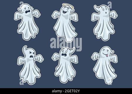 Ghosts Stickers Set. Cartoon Style. Collection of hand drawn halloween cute spooks. Premium Vector Stock Vector