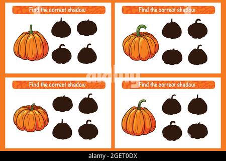 Find correct Pumpkin shadow educational game for kids. Shadow matching activity for children. Preschool puzzle. Educational worksheet. Find correct silhouette game with ripe pumpkins. Premium Vector Stock Vector