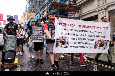 London, UK. 21st Aug, 2021. Protesters took to the streets of Central London today to express their opposition to the vaccine rollout and to the vaccine passports. Credit: ernesto rogata/Alamy Live News Stock Photo