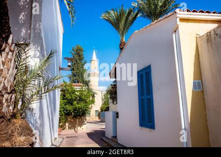 View of cozy street and mosque at Taht-el-kale neighbourhood in Nicosia, Cyprus Stock Photo