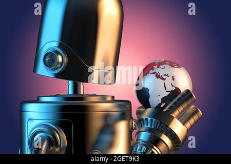 Robot holding earth globe. 3D illustration Stock Photo