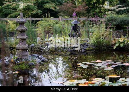 Loozen, Netherlands - August 17 2021 - An oriental pond in the pond gardens of Ada Hofman on the roof of a house.All her ponds are on ecological basis Stock Photo