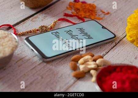 Rakhi, Indian brother and sister festival Raksha Bandhan concept. Happy raksha bandhan. Stock Photo