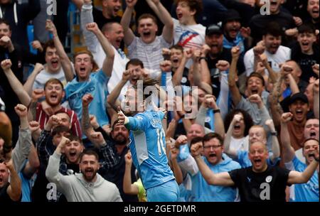 Manchester, UK, 21st August 2021.  Jack Grealish of Manchester City celebrates his first goal during the Premier League match at the Etihad Stadium, Manchester. Picture credit should read: Darren Staples / Sportimage