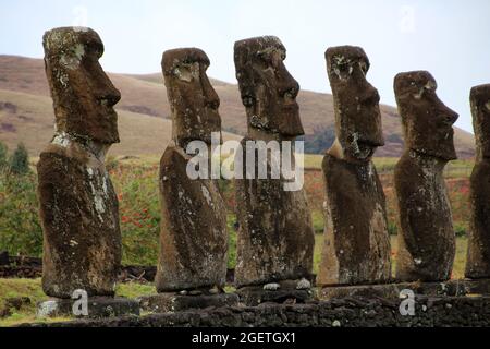 Moai  Ahu Akivi, the seven scouts from Easter Island, Chile Stock Photo