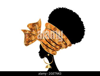 portrait beautiful African woman in traditional wax turban handmade wedding tribal motif, Kente head wrap African with gold ethnic earrings, black Stock Vector