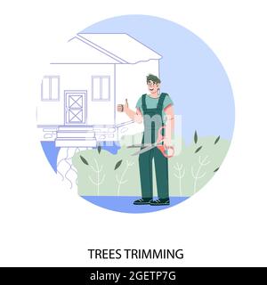 Trees trimming service circle banner template with cartoon gardener, flat vector illustration isolated on white background. Professional garden care a Stock Vector