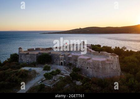 Aerial view of Ali Pasha fortress, Porto Palermo, taken by drone, South coast, Albania, Europe Stock Photo