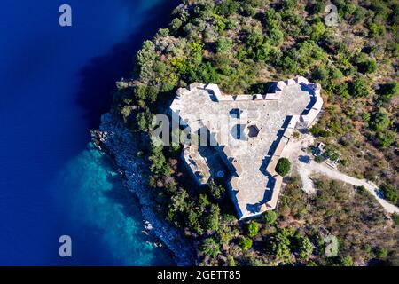 Aerial view of Ali Pasha fortress, Porto Palermo, taken by drone, South coast, Albania, Europe Stock Photo