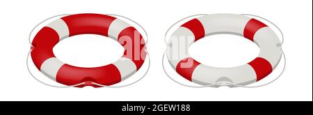 Isometric rescue life belt, marine lifebuoy water safety isolated on white background. Collection of realistic lifebuoy striped circle Stock Vector
