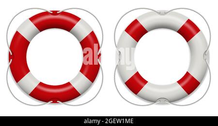 Realistic rescue life belt, marine lifebuoy water safety isolated on white background. Collection of realistic lifebuoy striped circle Stock Vector